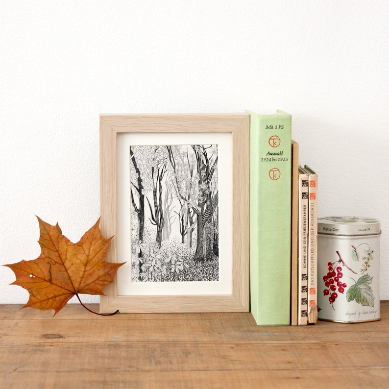 Tree Postcard, woodland decor, fall picture, postcrossing, beautiful pencil illustration of forest, black & white, scandinavian nordic charm image 4