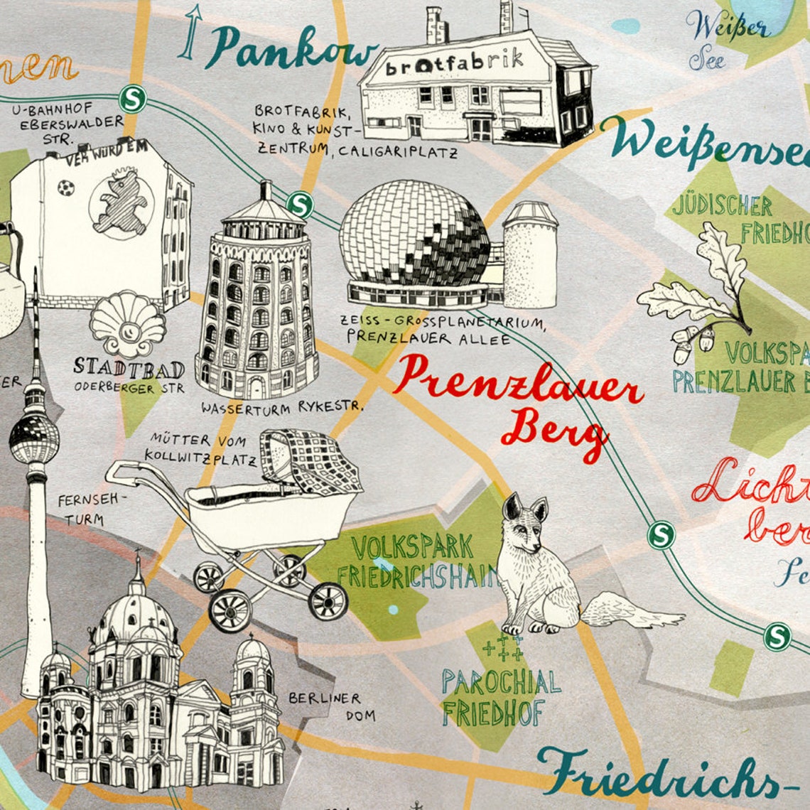 Berlin Stadtplan Berlin Poster gezeichnete Berlin Karte - Etsy