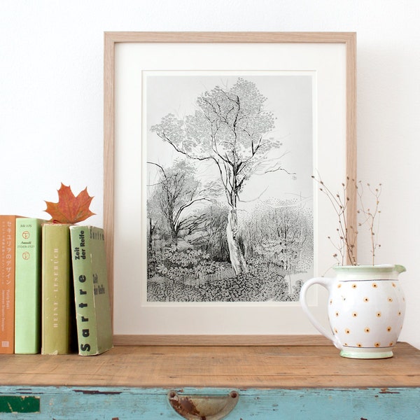 Dessin d'arbre, impression d'art, décoration boisée, belle illustration au crayon de forêt, impression hygge art automne, photo de salon, noir blanc