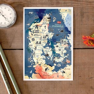 Dänemark Postkarte, schöne Illustration, Skandinavien Andenken Zeichnung, illustrierte Nord Landkarte, Dänischer Road Trip Postkarte, neu