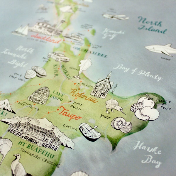 Neuseeland illustrierte Landkarte, Aotearoa, Kunstdruck, Großformat Plakat, schöne Reise-Illustration, in grün, blau, rot, naturweiß, neu