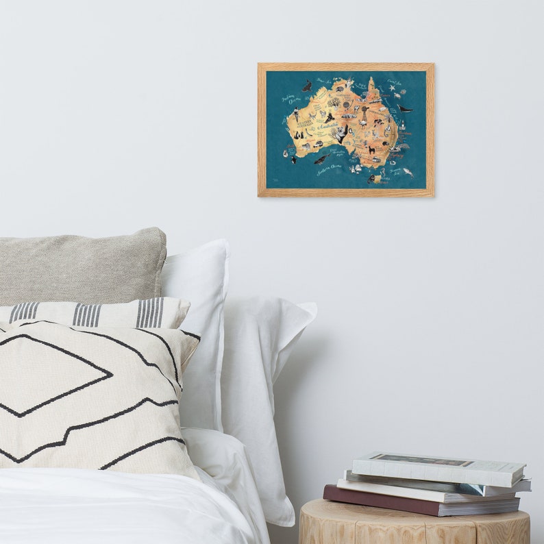 Framed Australia Map matte giclee print poster of Australian illustrated map in pretty oak frame, in white or wood color, ready to hang image 3