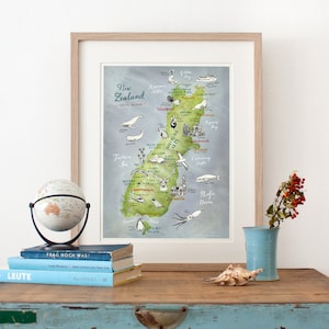 Carte de l'île du Sud de la Nouvelle-Zélande, impression jet d'encre, affiche de la Nouvelle-Zélande, art néo-zélandais, Kiwiana, belle illustration de voyage, cadeau d'adieu, boutique allemande
