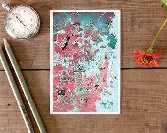 Carte postale de Sydney, carte de carte de ville dessinée à la main, mini-impression illustrée de Sydney, road trip par carte-cadeau, carte de vœux australienne, postcrossing, nouveau