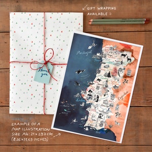 May include: A watercolor illustration of a map of Portugal with hand-drawn details and city names. The map is on a white background with a red and orange watercolor wash. The map is framed and ready to hang. The size of the map is 8.26 x 11.69 inches.