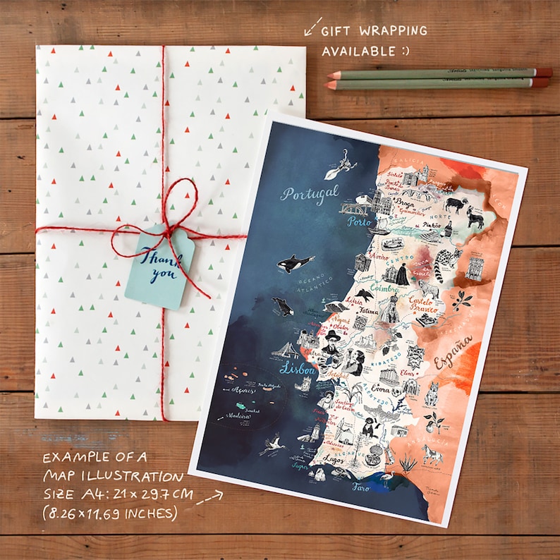May include: A watercolor illustration of a map of Portugal with hand-drawn details and city names. The map is on a white background with a red and orange watercolor wash. The map is framed and ready to hang. The size of the map is 8.26 x 11.69 inches.