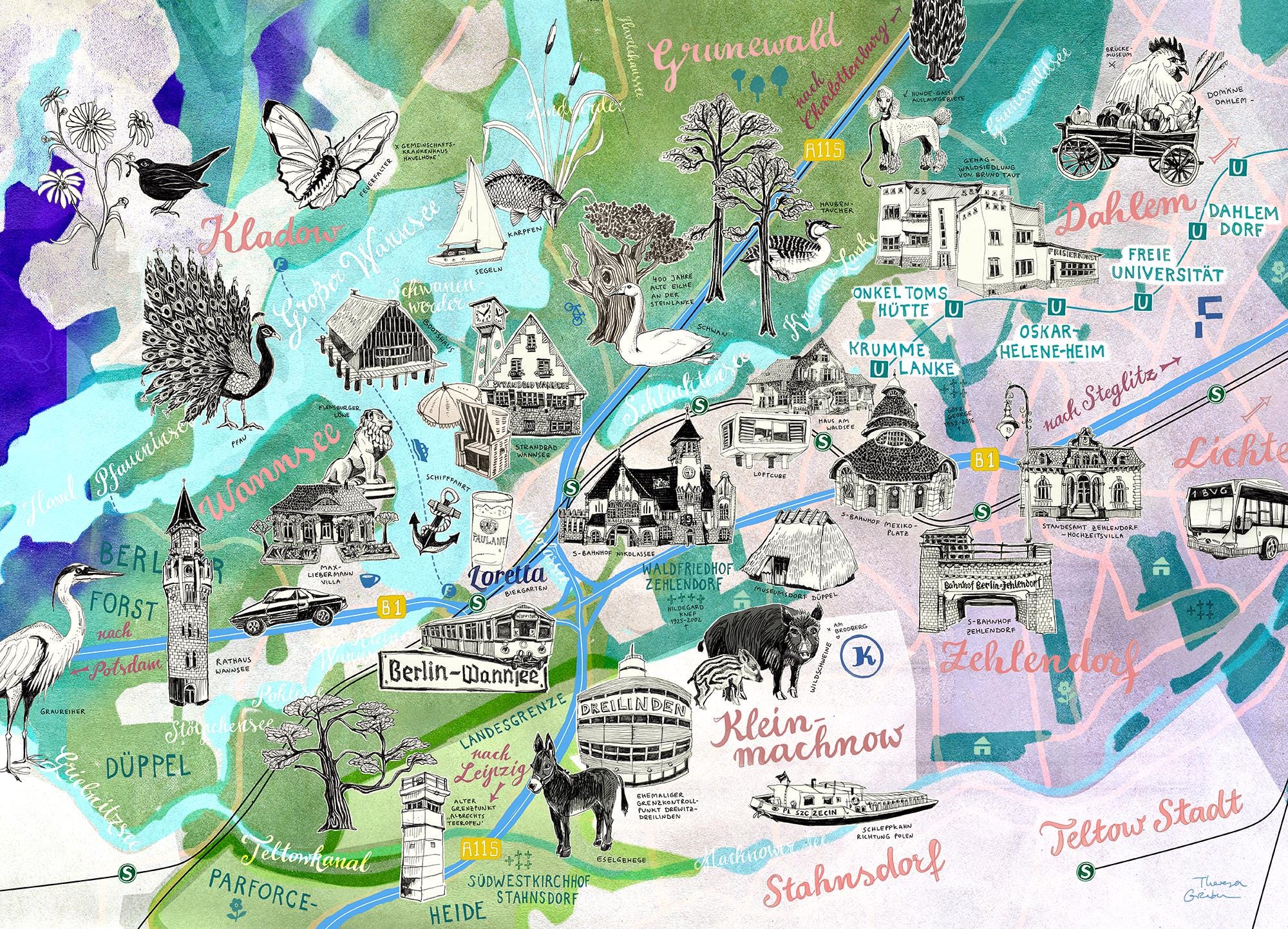 Berlin Wannsee Map, Berlin Zehlendorf Art Print Illustrated Map