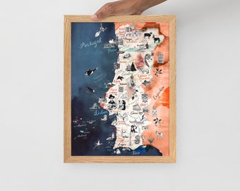 Carte du Portugal encadrée – affiche mate en impression giclée de la carte illustrée du Portugal ; dans un joli cadre en chêne, en blanc ou en couleur bois, prêt à accrocher