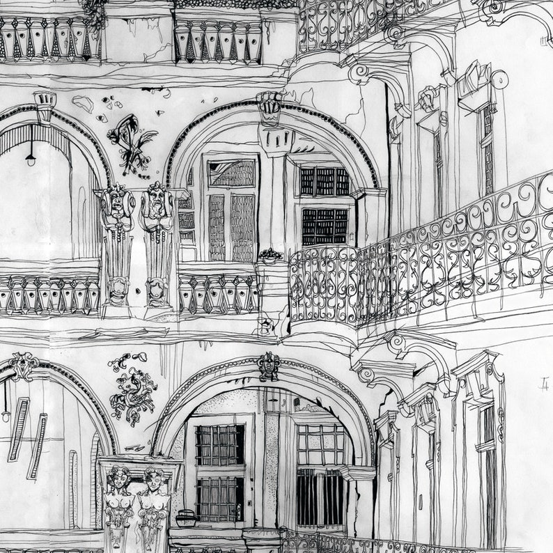 Budapest House Illustration, Panoramic Art Print, pencil drawing, Hungary poster, large living room art, black and white archival art print image 4