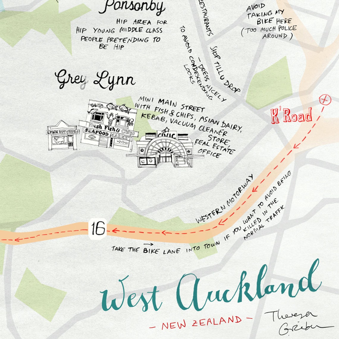 West Auckland Map New Zealand Map Art Print quirky Etsy