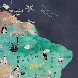 Pu&ograve; includere: Una mappa illustrata colorata del Sud America con un focus sul Brasile. La mappa presenta vari animali, piante e punti di riferimento, tra cui un tucano, un bradipo, un caimano e il fiume Amazzonia. La mappa &egrave; disegnata in uno stile fantasioso con uno schema di colori blu, verde e giallo.