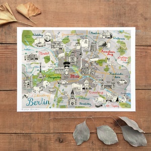 Berlin Map, Berlin Print, Berlin Art, Berlin illustrated map, colorful illustrated Berlin central city plan, gray orange green, German Shop image 5