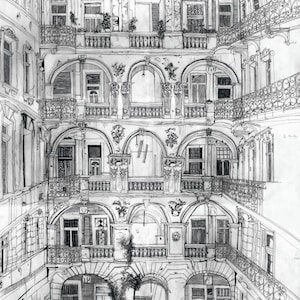 Budapest House Illustration Panoramic Art Print pencil image 2
