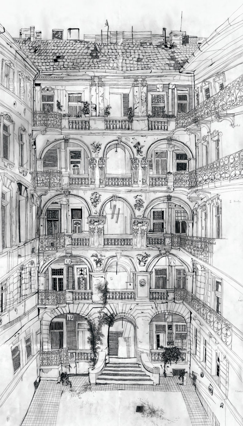 Budapest House Illustration, Panoramic Art Print, pencil drawing, Hungary poster, large living room art, black and white archival art print image 2