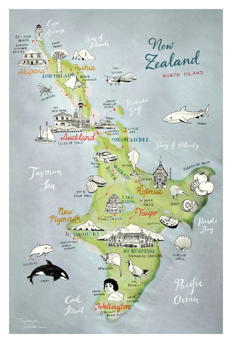 Postcard New Zealand German Shop hand drawn map pretty illustrated postcard North Island farewell card illustrated map travel memory