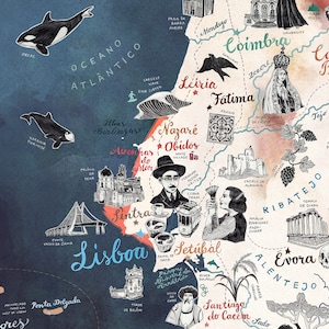 May include: A hand-drawn map of Portugal with various cities and landmarks highlighted. The map is illustrated with watercolor and ink, and features a blue and green color scheme. The map includes cities like Lisbon, Porto, Coimbra, and Evora, as well as landmarks like the Pena Palace, the Jer&oacute;nimos Monastery, and the University of Coimbra.