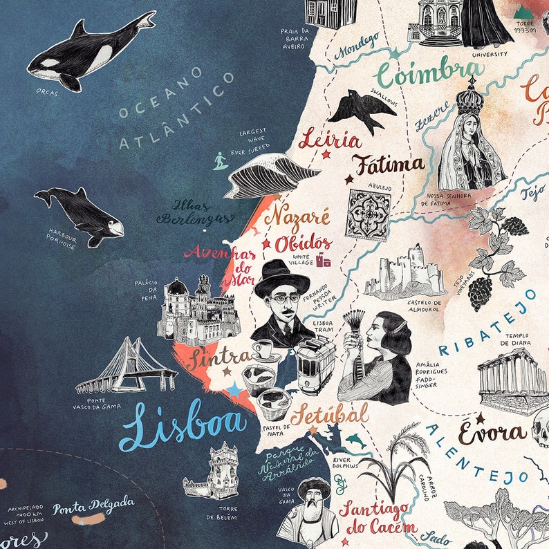 May include: A hand-drawn map of Portugal with various cities and landmarks highlighted. The map is illustrated with watercolor and ink, and features a blue and green color scheme. The map includes cities like Lisbon, Porto, Coimbra, and Evora, as well as landmarks like the Pena Palace, the Jer&oacute;nimos Monastery, and the University of Coimbra.
