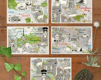 5 Postcard Set Berlin, pretty Berlin map illustration, hand drawn miniprint cards, urban art, Berlin souvenir, for postcrossing, Berlin Shop