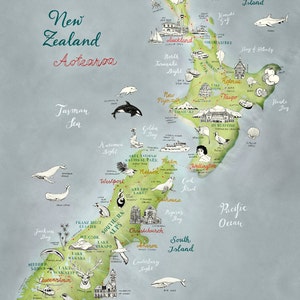 Large Art New Zealand, New Zealand Map, Aotearoa, Giclee Print, New Zealand Poster, travel illustration, farewell gift, in green, blue, red image 2