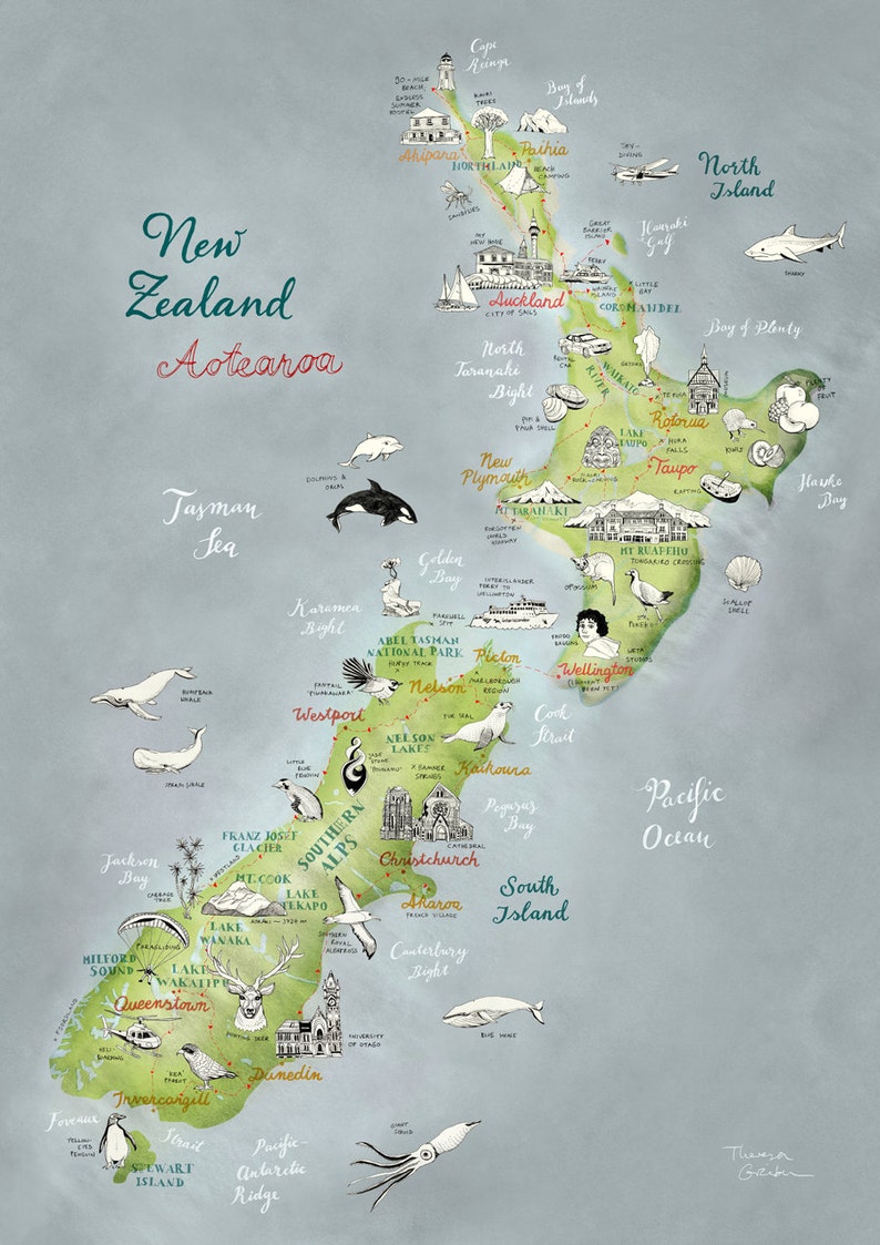 Large Art New Zealand, New Zealand Map, Aotearoa, Giclee Print, New Zealand Poster, travel illustration, farewell gift, in green, blue, red image 2