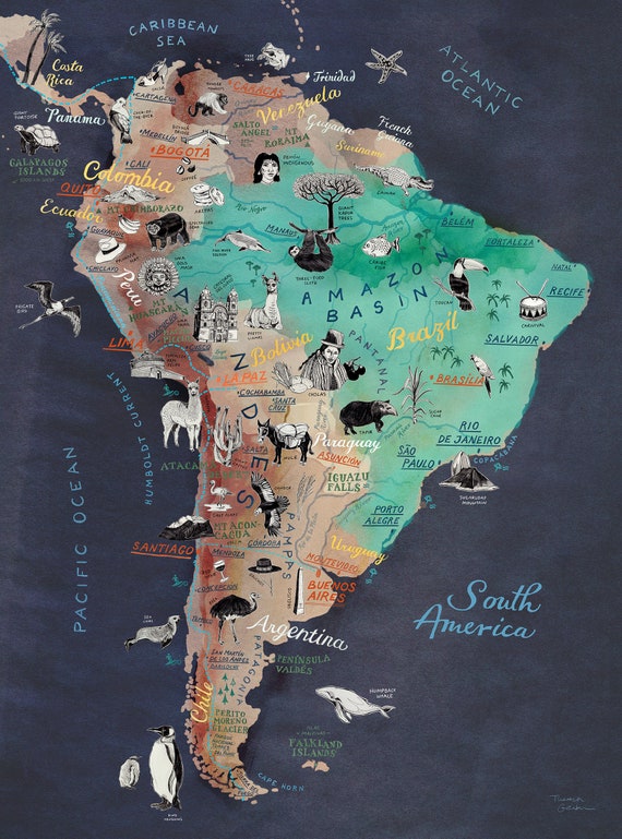South America Map, Art Print, Illustrated Map of Latin America