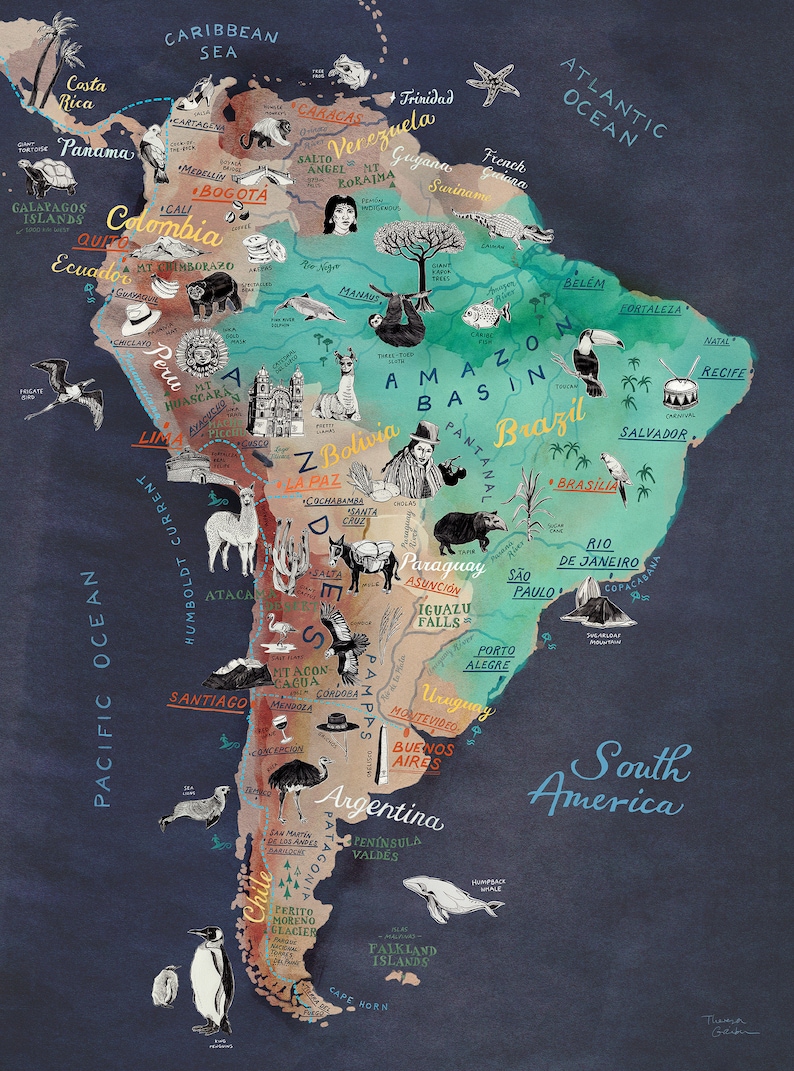 Pu&ograve; includere: Una mappa ad acquerello del Sud America con illustrazioni di animali, monumenti e citt&agrave;. La mappa &egrave; su uno sfondo blu scuro con i nomi dei paesi e delle citt&agrave; scritti in bianco.