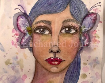 Woman with Butterflies in hair, Blue Ponytail, Spring, watercolor background FREE SHIPPING