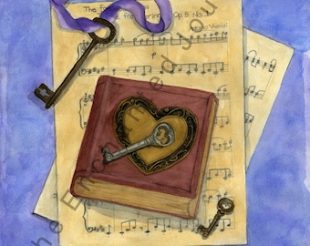 Skeleton Keys, sheet music, heart music box, purples blues ribbon, S&H INCLUDED