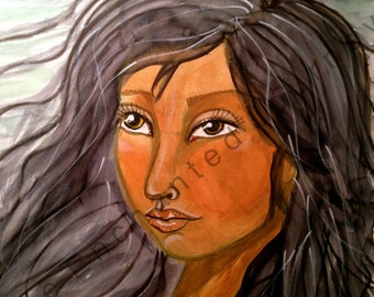 Dark haired woman, tan skin, dark eyes, mixed media S&H INCLUDED