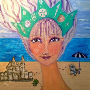 Beach read, Summer, crown with shells, sandcastle, sand, beach umbrella and chair near water, S&H INCLUDED image 2