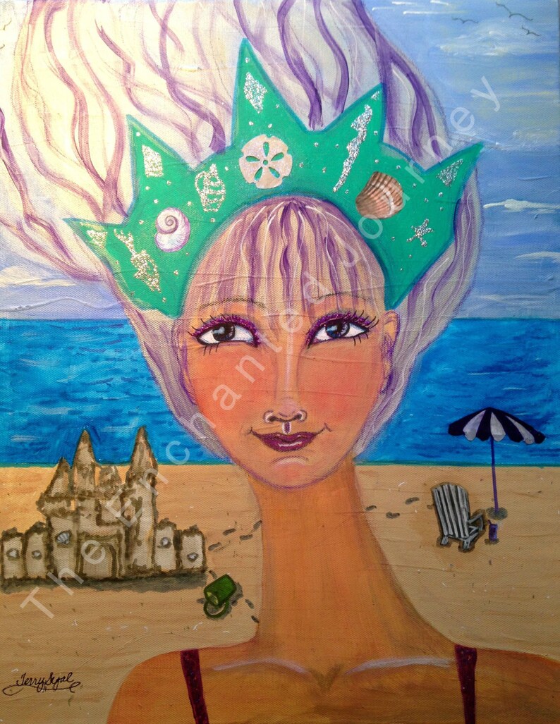 Beach read, Summer, crown with shells, sandcastle, sand, beach umbrella and chair near water, S&H INCLUDED image 2