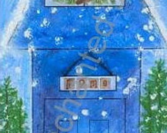 Winter House whimsical cabin in the snow with trees and moose, S&H INCLUDED