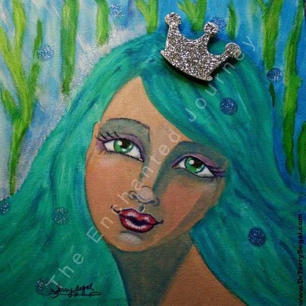 Mermaid, Queen of the Sea, crown, seaweed, bubbles, big eyes, S&H INCLUDED