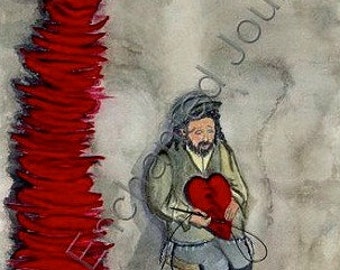 Judaica, mixed media, Mendel of Broken Hearts, tailor mending red hearts, S&H INCLUDED