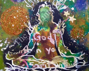 Yoga, Namaste, greens, orange, blue, stars with white words