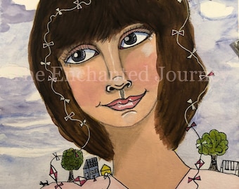 Woman, Kite string in hair, Brown hair, childhood home on shoulders, FREE SHIPPING