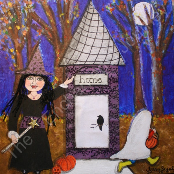 Trick or Treat! Mixed Media Halloween Witch & Ghost, S+H INCLUDED