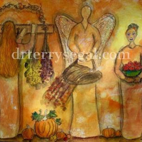 Angel, September, Harvest, Dried Hanging Flowers, Pumpkins, Woman with basket of apples, FREE SHIPPING