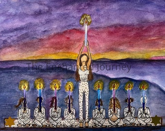 Chanukah Menorah Women at Sunset, mixed media, holding Chanukah candles Judaica, S&H INCLUDED