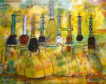 Menorah Women mixed media holding Hannukah candles Judaica, S&H INCLUDED