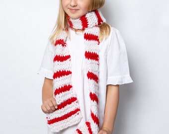 Easy Christmas Knitting Scarf Kit. Beginners Scarf Knitting. Children’s Candy Cane Scarf Knitting Kit By Wool Couture.