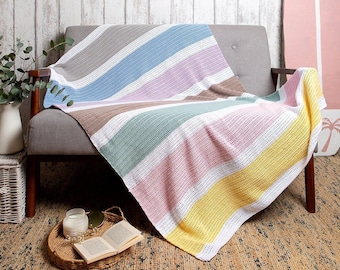 Pastel Rainbow Blanket Crochet Kit | Beginners Cotton Striped Throw Pattern By Wool Couture