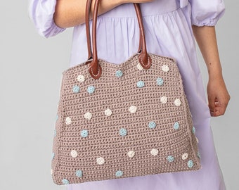 Emma Bag Crochet Kit | Spotted Cotton Tote Bag Leather Handles | Easy Bag Crochet Pattern By Wool Couture