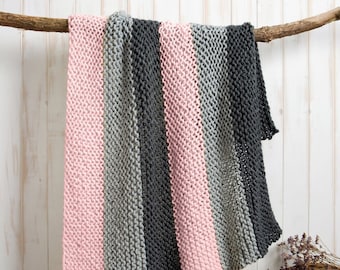 Stripy Blanket Beginners Knitting Kit | Rosy Days | Easy Beginners Blanket | Blanket Pattern By Wool Couture