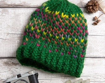 Ellie Easy Rainbow Hat Knitting Kit. Forest Green Beanie Knit Kit. Rainbow Merino Yarn. Kit By Wool Couture Company