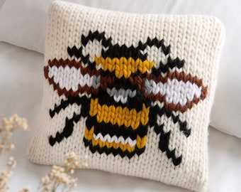 Bee Cushion Cover Easy Knitting Kit | Bumble Bee Homeware Gift | DIY Pillow Kit By Wool Couture