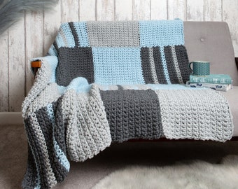 Beginners Chequered Large Blanket Crochet Kit Blue | Easy Beginners Blanket Throw | Blanket Pattern By Wool Couture