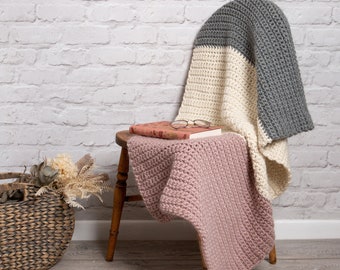 Hannah Blanket Crochet Kit. Stripy Throw Crochet Kit. Beginners crochet pattern by Wool Couture. Learn to Crochet.