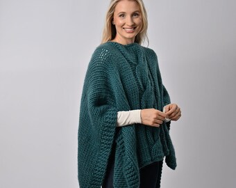 Poncho knitting kit. Anna Lou cable knit kit. Shawl Knitting Kit. Easy knitting pattern by Wool Couture