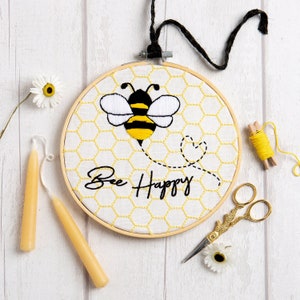 Bee Embroidery Kit Bee Happy. 7&quot; Hoop Easy Honey Bee Embroidery Kit By Wool Couture